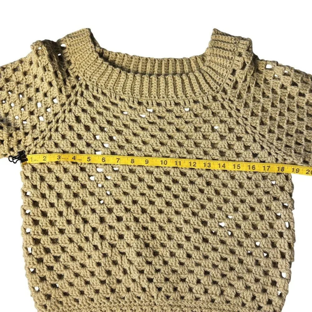 Handmade Crochet Open-Knit Beige Sweater With Ribbed Collar & Cuffs - Picture 6 of 9
